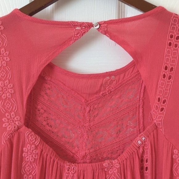 Free People Sweetest Dream Embroidered Long Puff Sleeve Tiered Tunic Top Pink XS - Picture 13 of 16